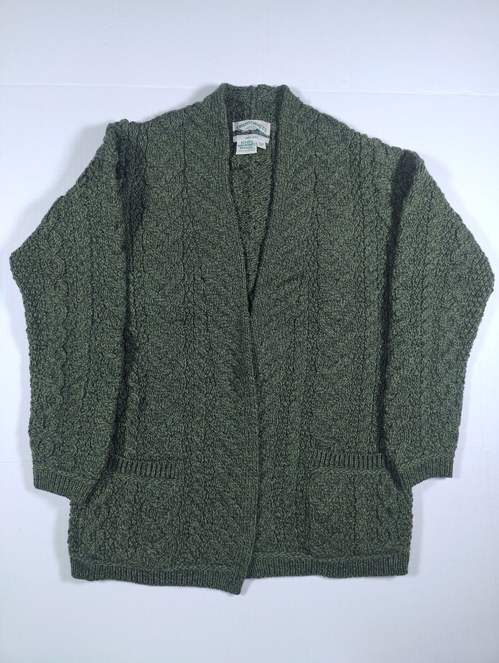 Aran Crafts Green 100% Wool Open Front Cable Knit Cardigan Sz S Made In Ireland